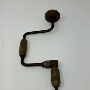 Antique Crank Brace Bit Hand Ratchet Drill 14" W/Wood Handle & Knob Vintage Tool